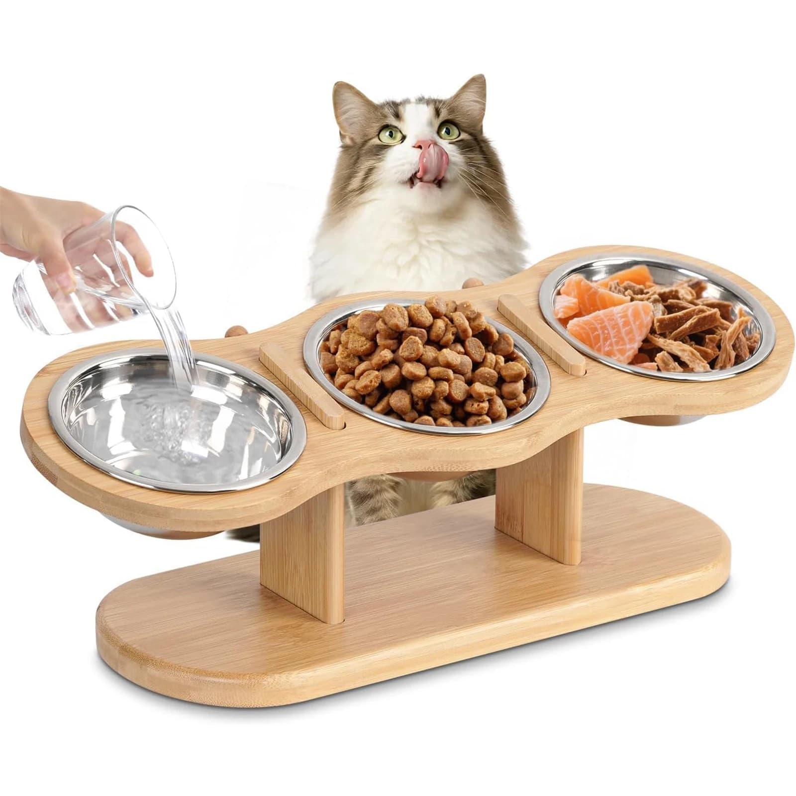 Comedero Elevado de Madera para Gatos — Set 3 Cuencos